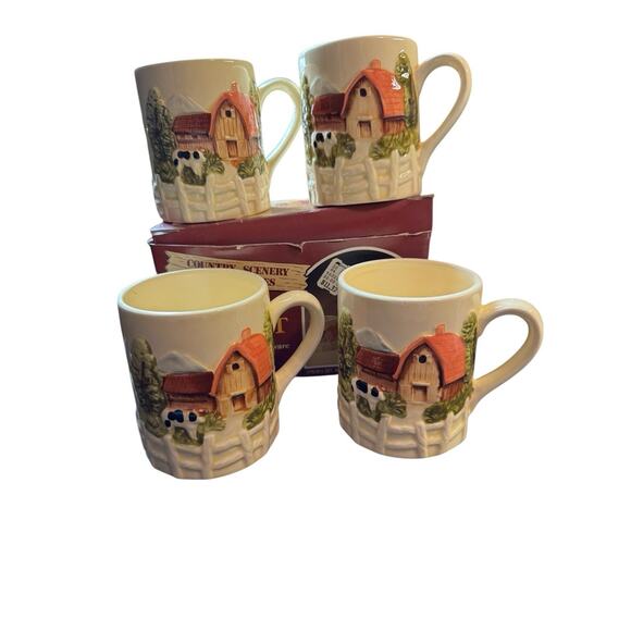 Vintage Country Scene Earthenware 18 Pc. Dish Set Farmhouse Mugs Teapot Cookie - Picture 8 of 12